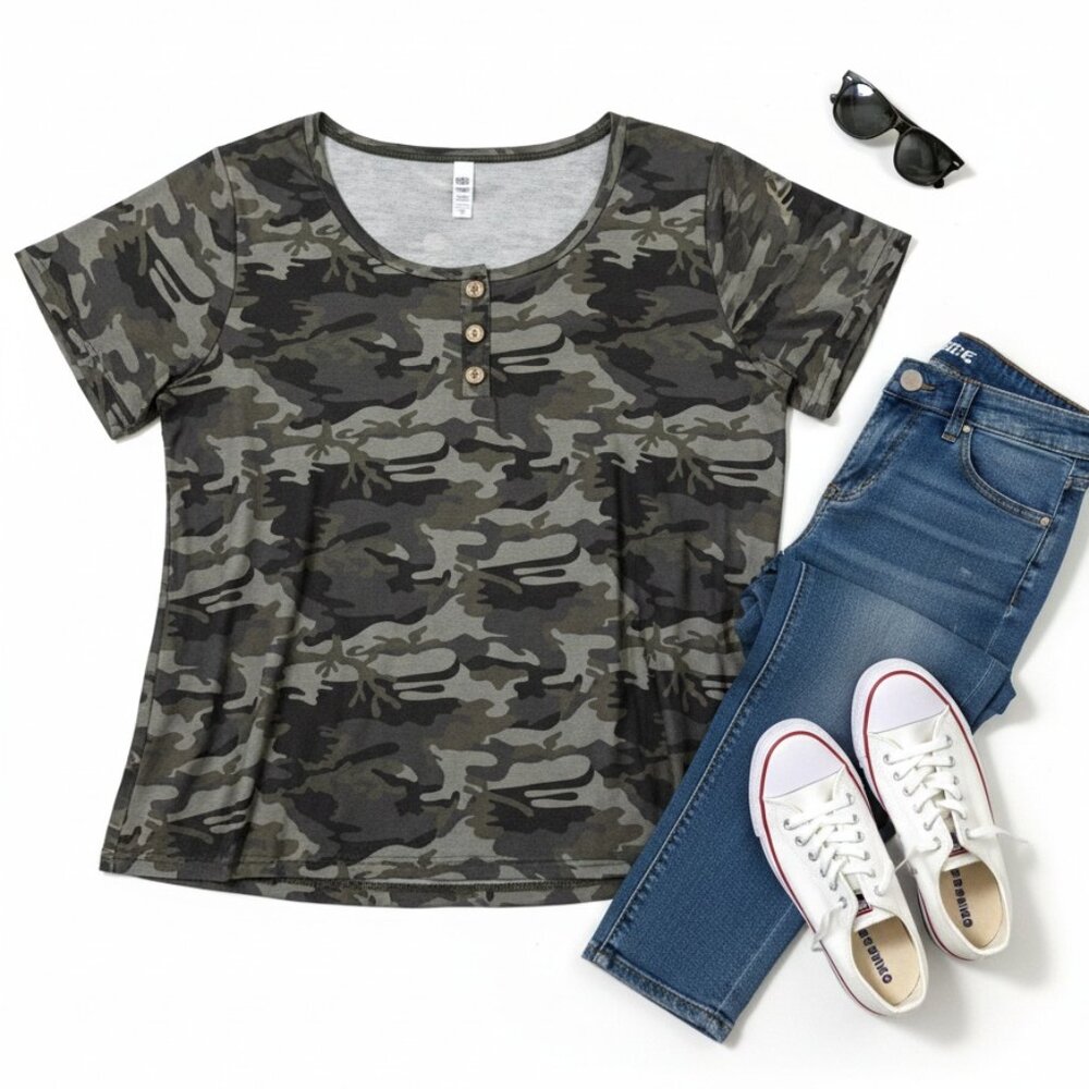 Shein 3X Camo Green Henley Top – Plus Size, Button Detail